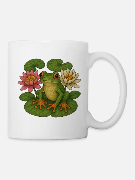 Grüner Frosch unter Lotuslilien - Tasse - Weiß