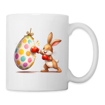 Boxender Osterhase mit Osterei-Boxsack  - Tasse - Weiß - Rechts