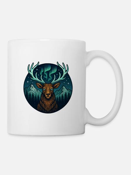 Night Forest Deer with Northern Lights Antlers - Mug - white