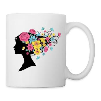 Woman's head with long flowers butterfly hair - Mug - white - Right