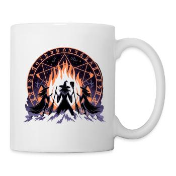 Three witches performing ritual by the fire in front of magic - Mug - white - Right