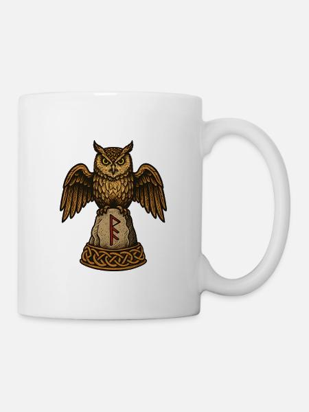 Eule auf Runenstein mit Knotwerk - Tasse - Weiß