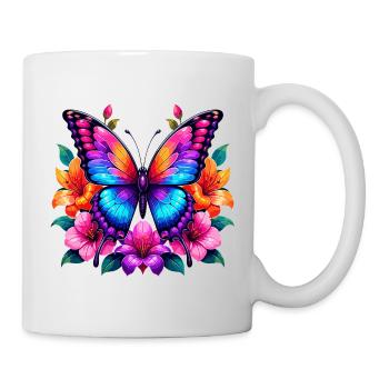 Bunter Schmetterling mit Blumen - Tasse - Weiß - Rechts