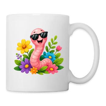 Cheerful worm with sunglasses in flower garden - Mug - white - Right
