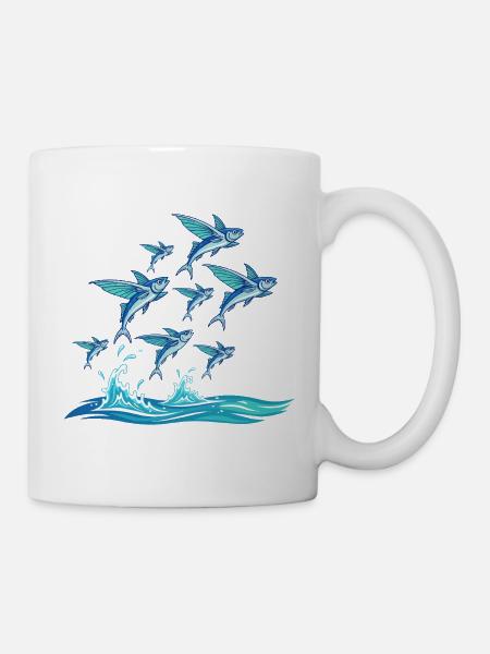 Blauer Fischschwarm über Wellen - Tasse - Weiß