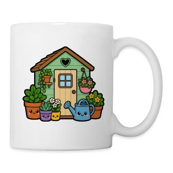 Kleines Gartenhäuschen mit Pflanzen - Tasse - Weiß - Rechts