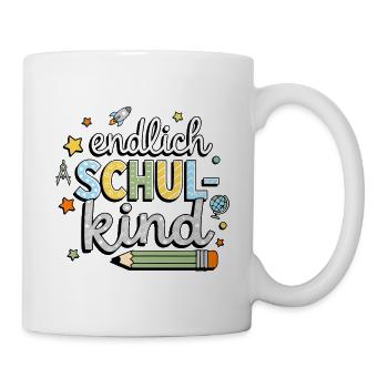 Endlich Schulkind Einschulung Jungen Rakete Shirt - Tasse - Weiß - Rechts