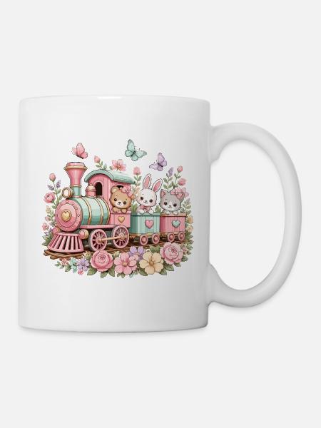 Pastell Zug mit Tierchen und Blumen - Tasse - Weiß