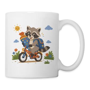 Waschbär fährt mit dem Fahrrad zur Schule - Tasse - Weiß - Rechts