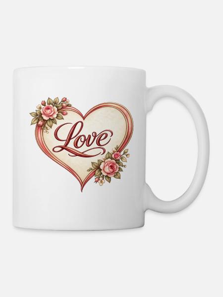 Retro Herz Liebe und Rosen - Tasse - Weiß