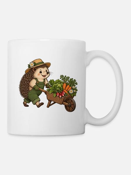 Igel-Gärtner mit Gemüseschubkarre - Tasse - Weiß