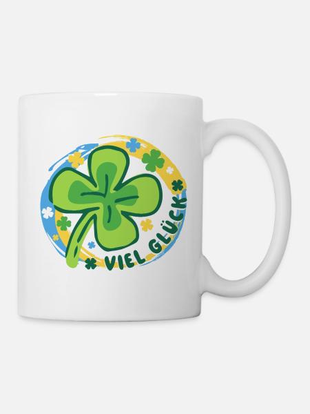 Viel Glück – Kleeblatt - bunter Glücksbringer - Tasse - Weiß