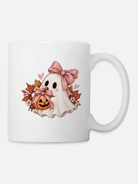 Kuscheliger Halloweengeist mit Kürbis - Tasse - Weiß