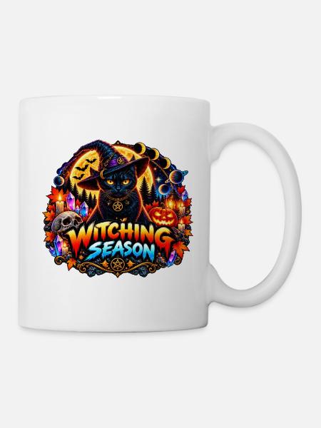 Hexenzeit – Kosmische Halloween-Katze - Tasse - Weiß