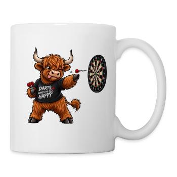 Highland Cattle beim Dart – Lustiges Schottlandmot - Tasse - Weiß - Rechts
