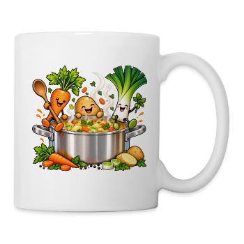 Fröhliche Gemüsefreunde kochen Suppe  - Tasse - Weiß - Rechts