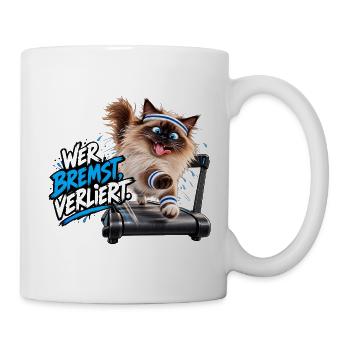Wer bremst, verliert! – Verrückter Fitness-Kater - Tasse - Weiß - Rechts