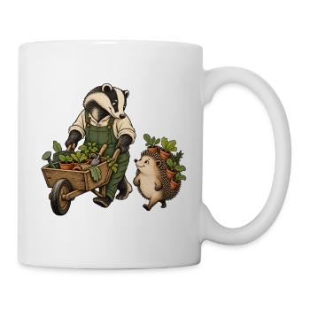 Dachs und Igel beim Gärtnern – Gartenfreunde - Tasse - Weiß - Rechts