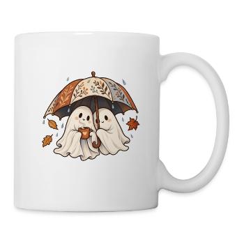 Zwei Geisterfreunde unter Herbstschirm und Regen - Tasse - Weiß - Rechts
