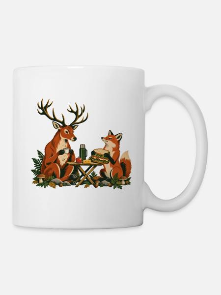 Rotwild und Fuchs beim Waldfrühstück - Tasse - Weiß