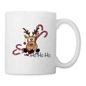 Rentier mit Zuckerstangen, Kugeln, Weihnachtsmütze - Tasse - Weiß - Rechts