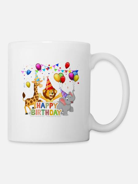 Happy Birthday Zoo Animals with Balloons - Mug - white