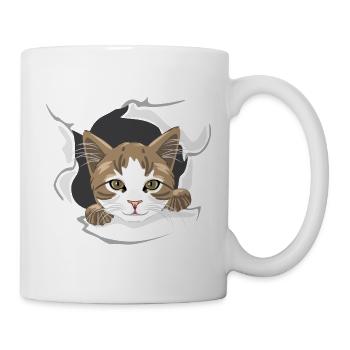 Happy cat peeps through torn paper - Mug - white - Right