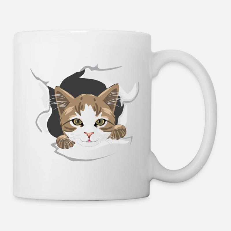 Glückliche Katze späht durch zerrissenes Papier - Tasse - Weiß