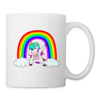 Süßes dabbendes Einhorn vor buntem Regenbogen - Tasse - Weiß - Rechts