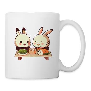 De mignons lapins comiques mangent des sushis ensemble - Mug blanc - blanc - Droite