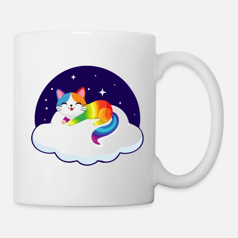 Kunterbunte Katze schwebt auf Wolke (Nacht) - Tasse - Weiß