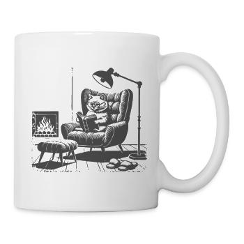 Reading Cat by the Fireplace – Funny Reading Design - Mug - white - Right