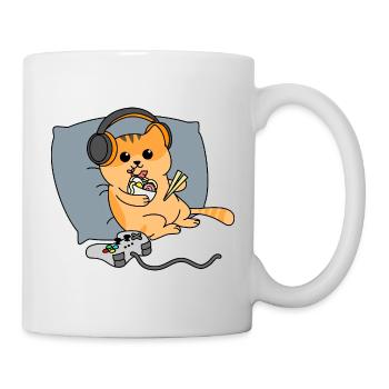 Katze spielt Videospiele im Bett und frisst Ramen - Tasse - Weiß - Rechts