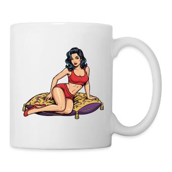 Pin-up-Frau auf dekorativem Kissen - Tasse - Weiß - Rechts