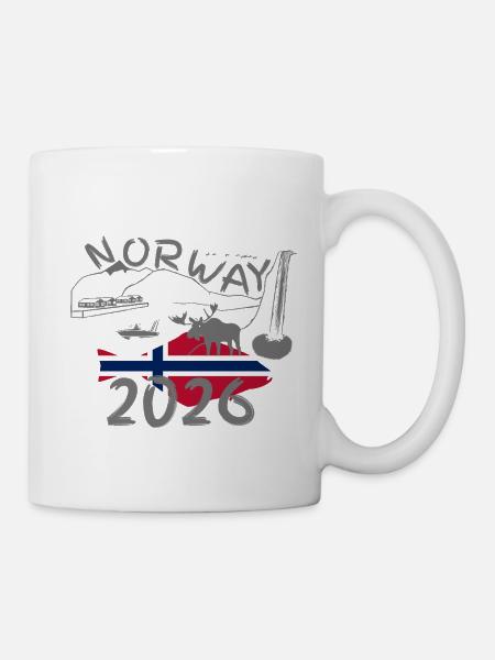 Norwegen 2026 Heilbutt mit Bergen und Elch Angeln - Tasse - Weiß