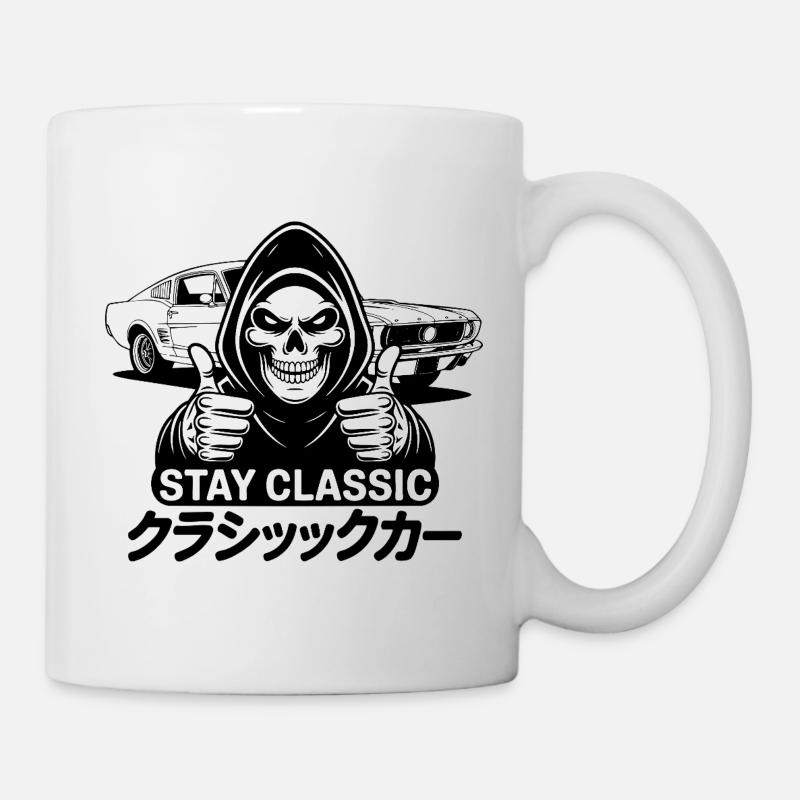 Stay Classic – Totenkopfkunst mit japanischem Oldtimer - Tasse - Weiß
