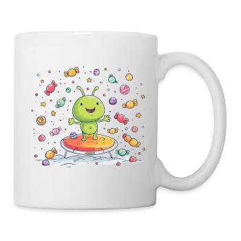 Kleiner grüner Alien auf Trampolin - Tasse - Weiß - Rechts