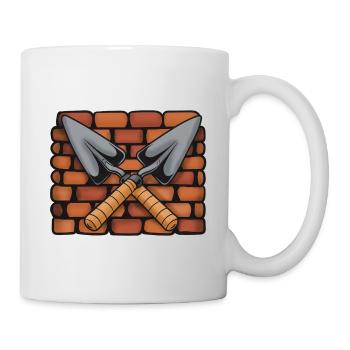 Maurersymbol: Überkreuzte Kellen vor Ziegelwand - Tasse - Weiß - Rechts