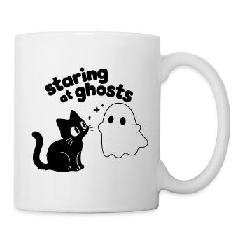 Cute Cat Meets Ghost | Minimal Halloween Motif - Mug - white - Right