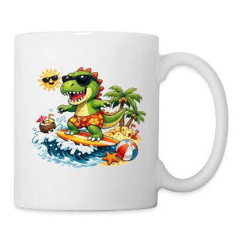 Dinosaurier-Surfer-Spaßillustration für Kinder - Tasse - Weiß - Rechts