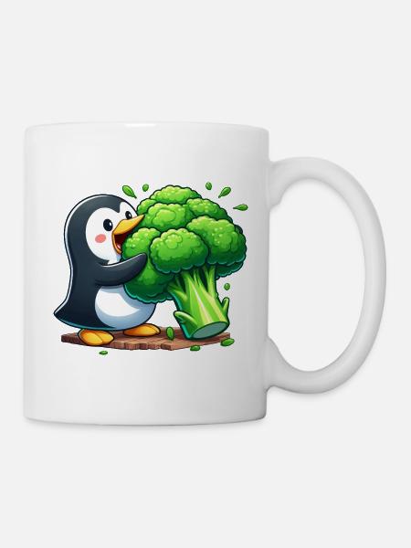 Süßer Pinguin mit Brokkoli Gemüse Vegan Cartoon - Tasse - Weiß