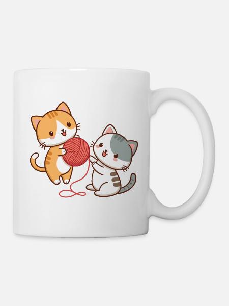 Kätzchen und Kawaii-Ball - Tasse - Weiß