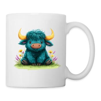 Blauer Yak im Blumenmeer - Tasse - Weiß - Rechts