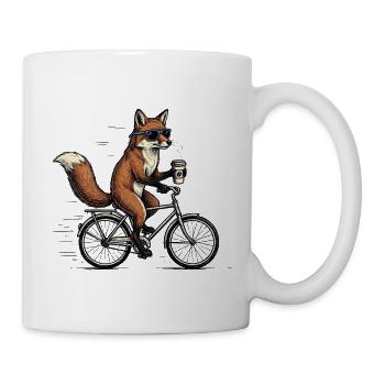 Fuchs auf Fahrrad mit Kaffee – Tier Humor - Tasse - Weiß - Rechts