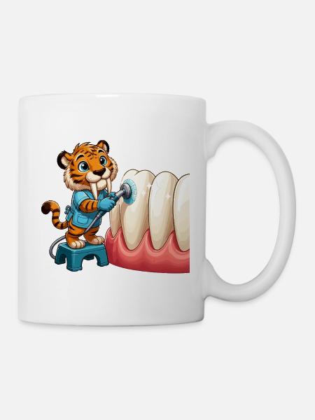Tiger Zähneputzen Cartoon - Tasse - Weiß