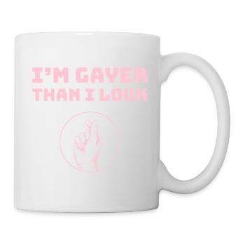 Je suis plus gay que j’en ai l’air - motif Amour du cœur - rose - Mug blanc - blanc - Droite