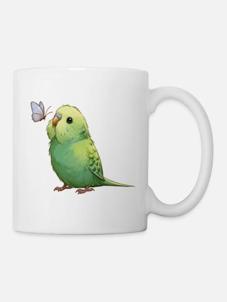 Wellensittich mit Schmetterling - Tasse - Weiß