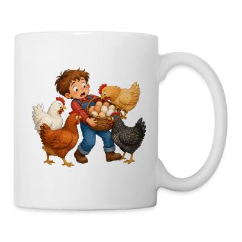 Junge sammelt Eier bei neugierigen Hofhühnern - Tasse - Weiß - Rechts
