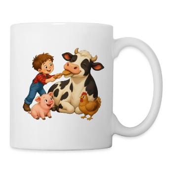 Junge bürstet Kuh auf dem fröhlichen Bauernhof - Tasse - Weiß - Rechts
