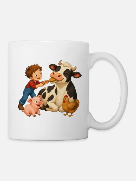 Un garçon brossant la vache sur la ferme joyeuse - Mug blanc - blanc